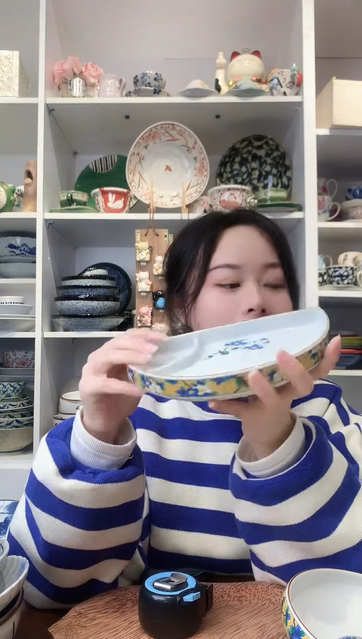 陶瓷吾山窑黄花鸟半圆分隔盘