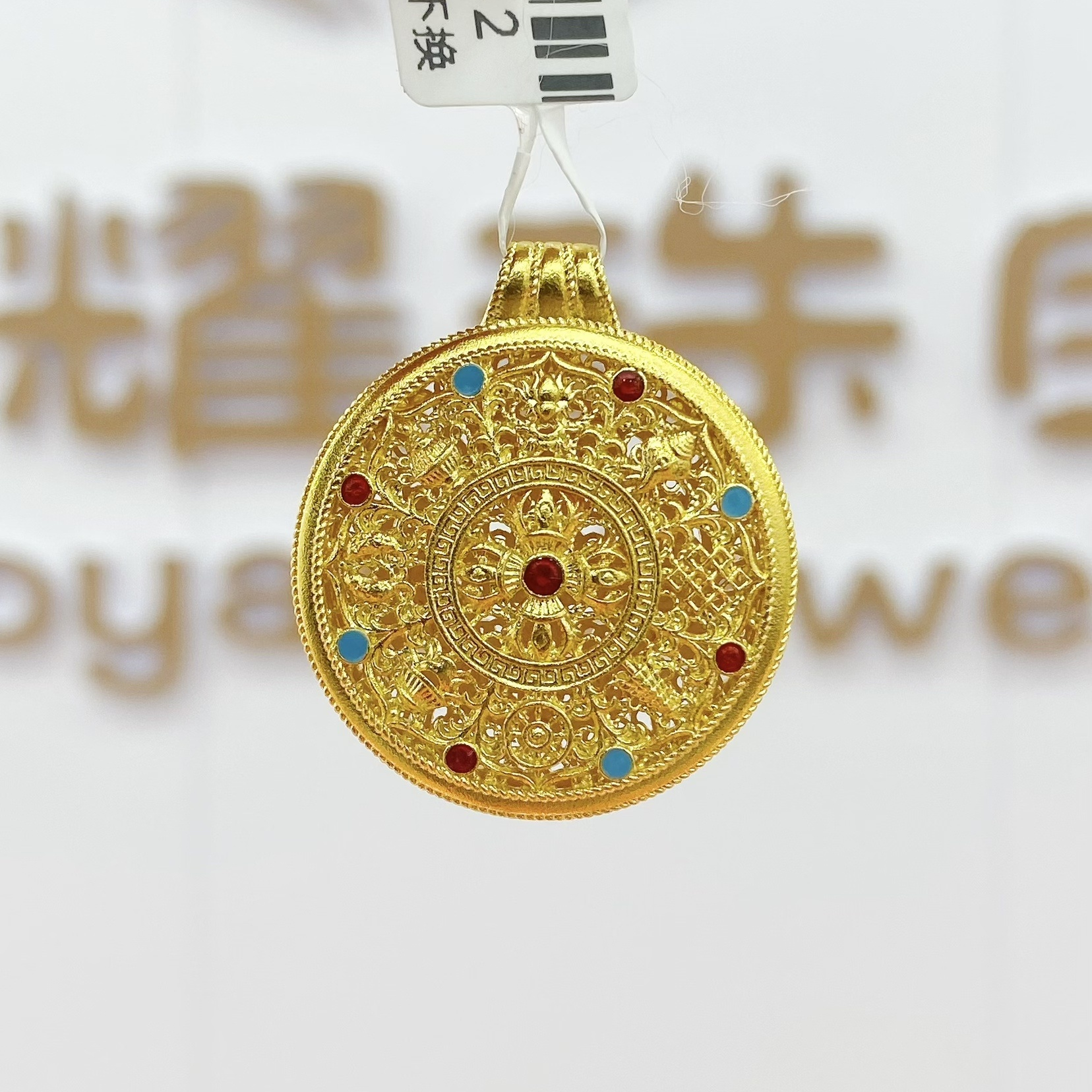 吊坠足银 足银吊坠 珐琅彩八宝罗盘吊坠 金色镂空时尚轻奢双面