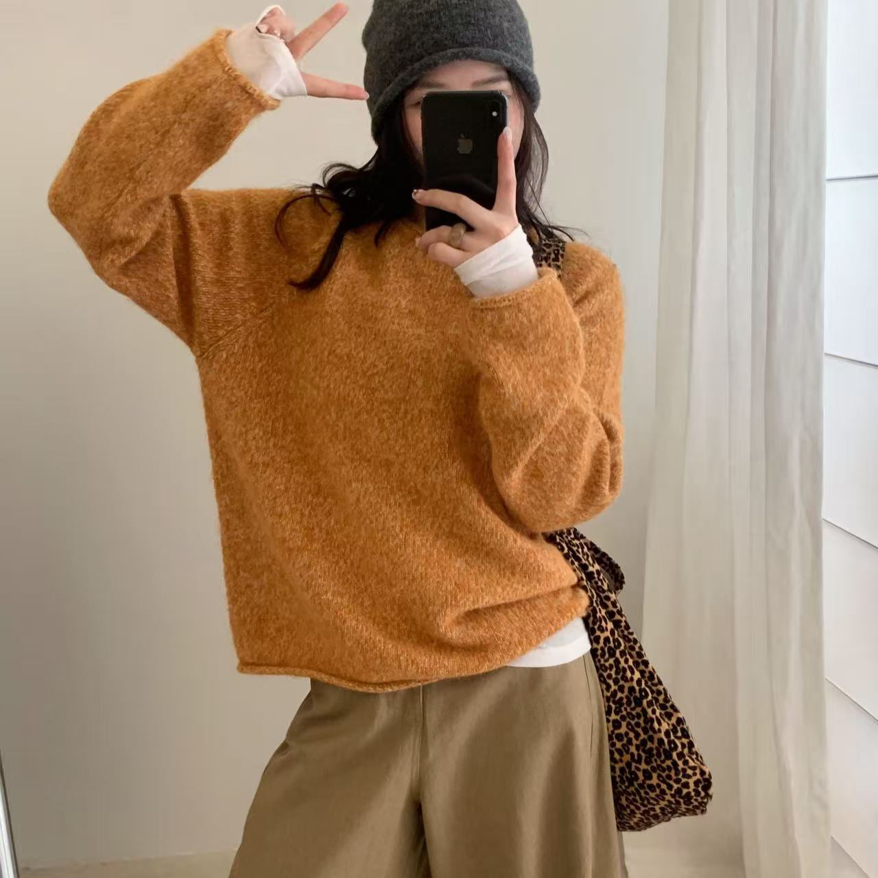 T2889 慵懒风韩系橘色卷边暖呼呼套头秋冬针织毛衣