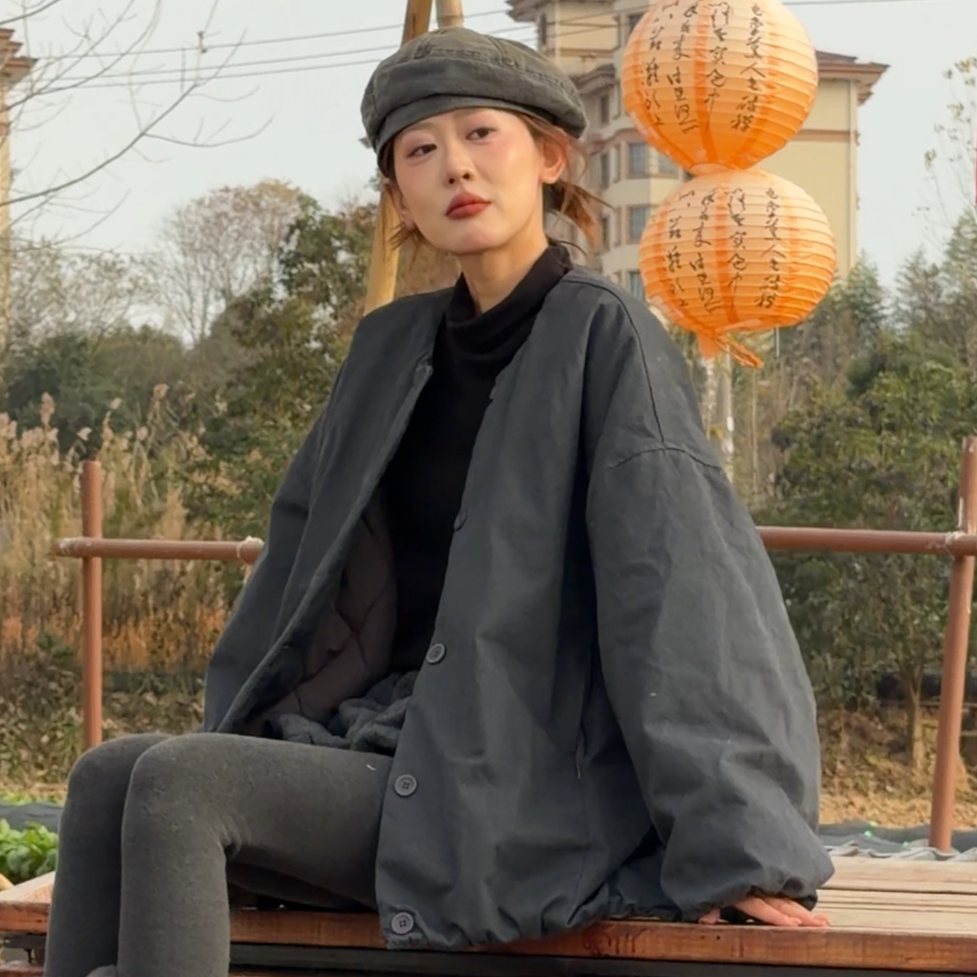 橘子罐头冬季新款百搭复古港风宽松休闲两色棉服外套