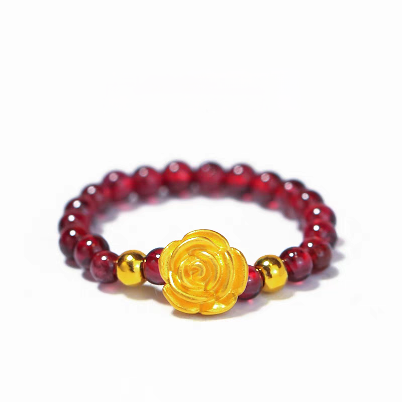 （新人补贴）足999金玫瑰花搭配天然石榴石戒指【证书，礼盒】