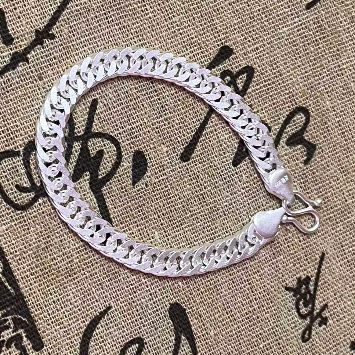 足银手链 磨砂古巴手链