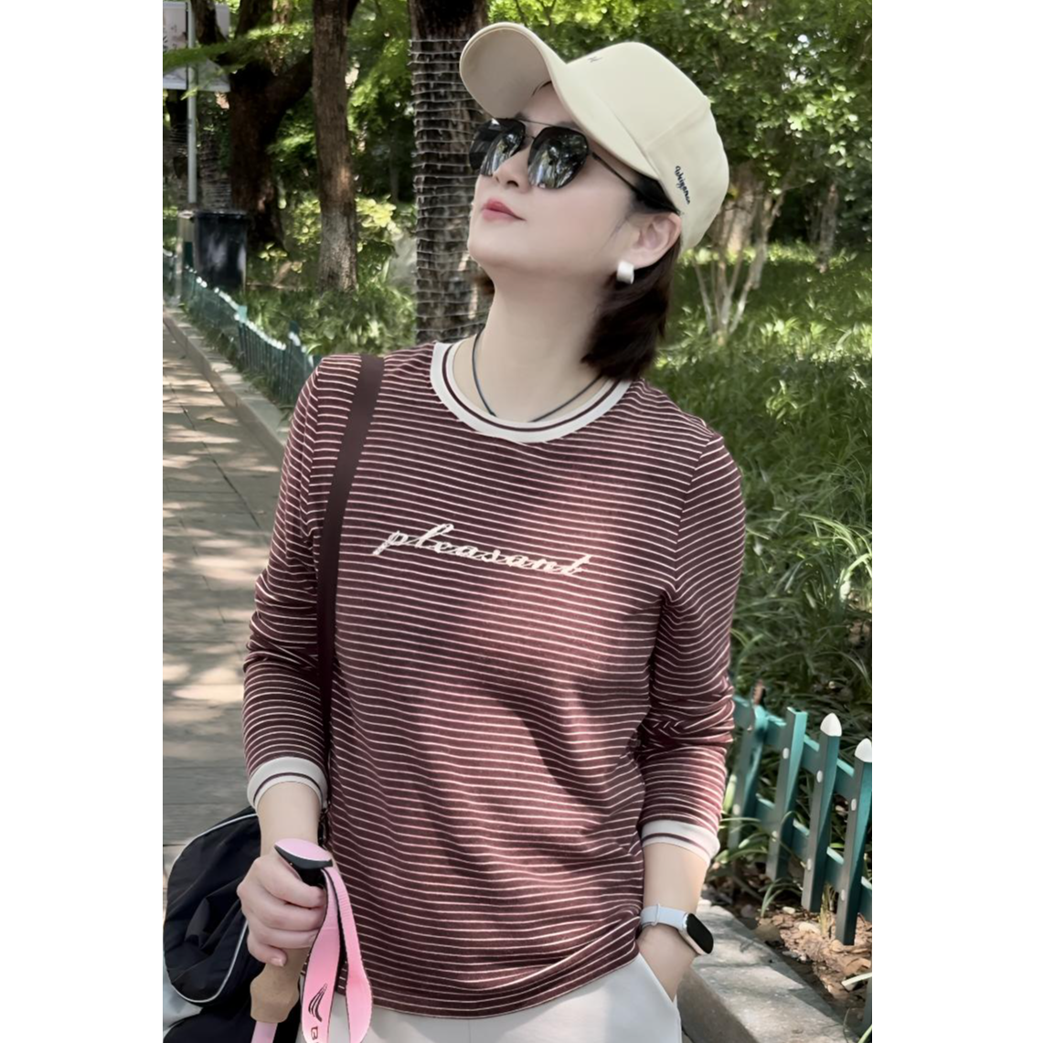 华人杰新款长袖条纹t恤宽松时尚休闲女质感百搭长袖气质领纯色T恤