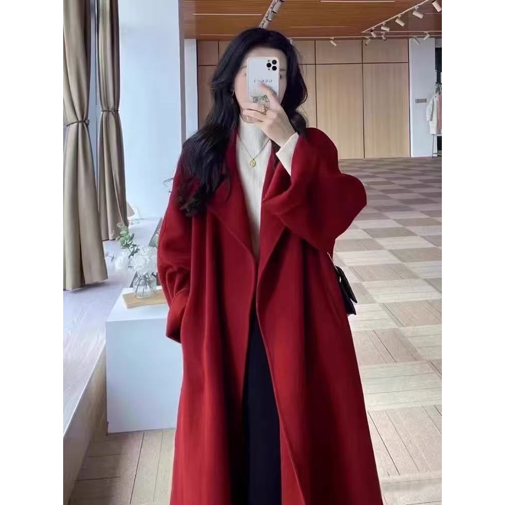 双面绒大衣双面毛呢外套宽松系带浴袍长款秋冬羊毛加厚9859