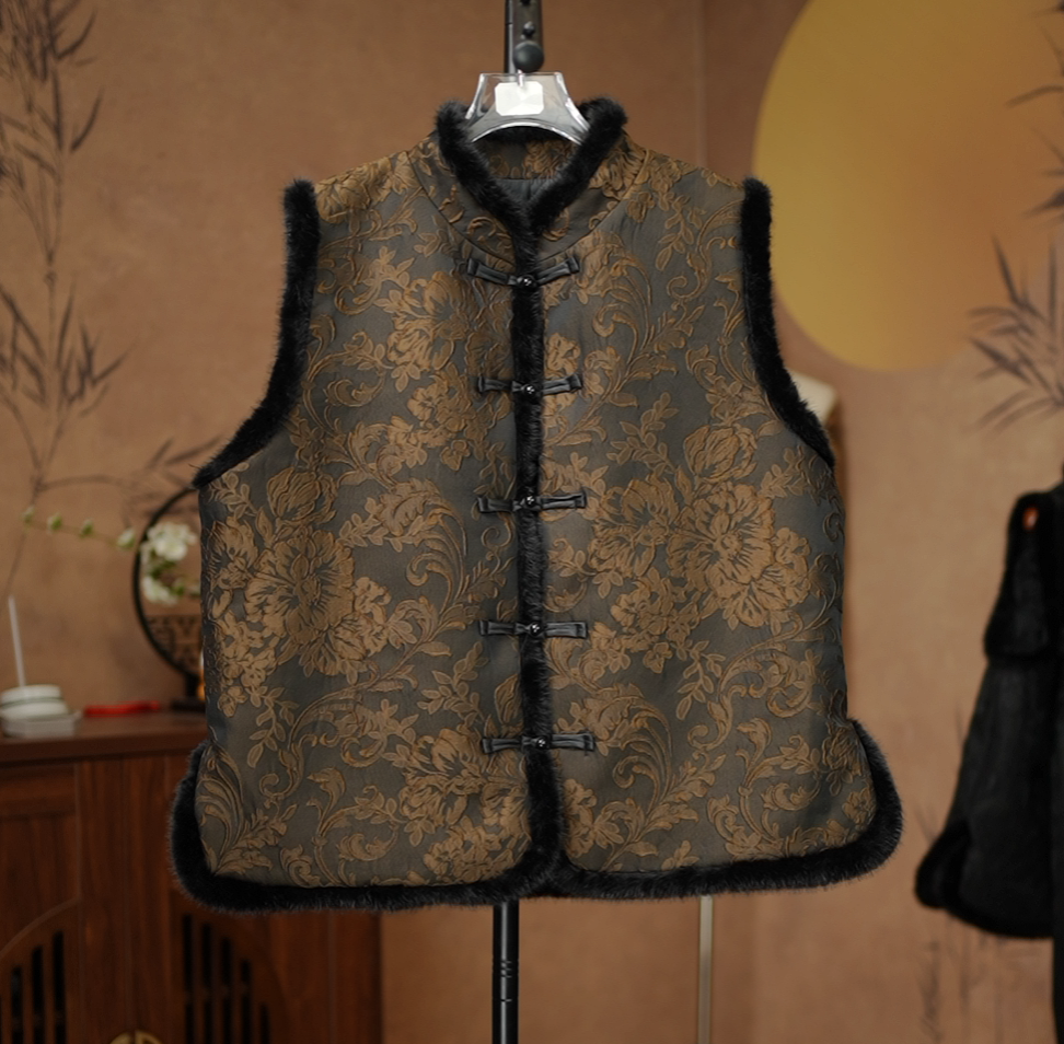 【金钱花】马夹保暖新中式马夹圆领拼接刻花立领唐装冬季中国风