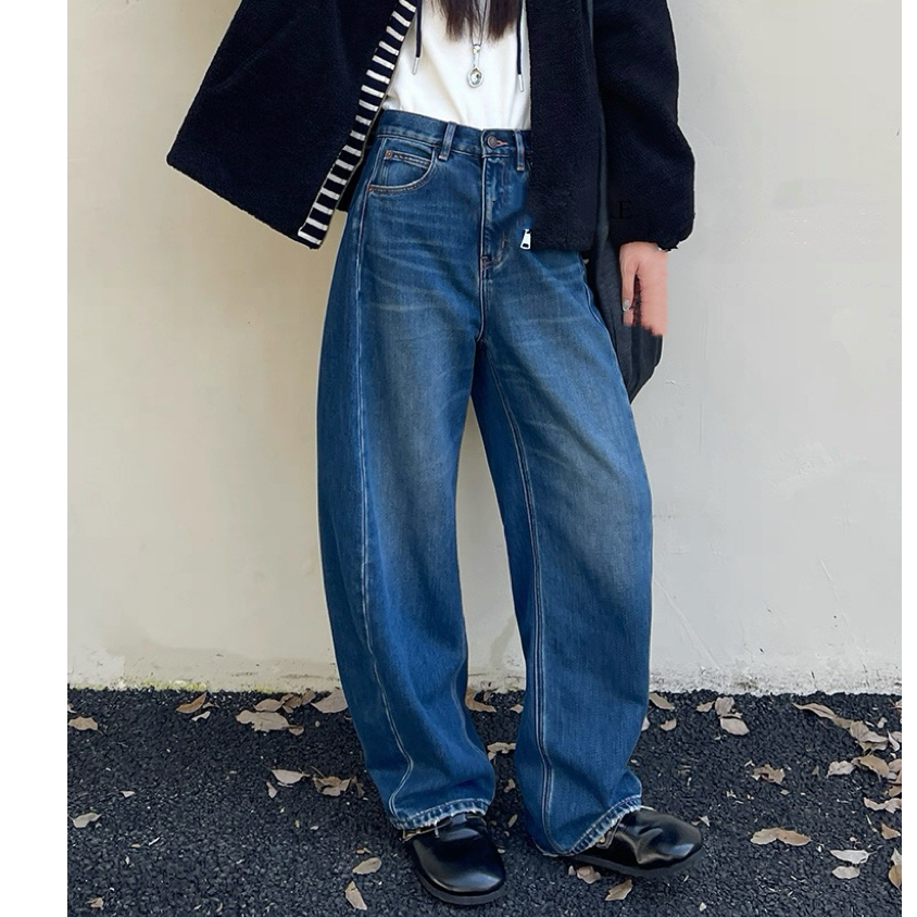 SU【812】代A9 愫思  暖丝绒阔腿裤女冬镰刀裤蓝色无弹高腰弯刀裤