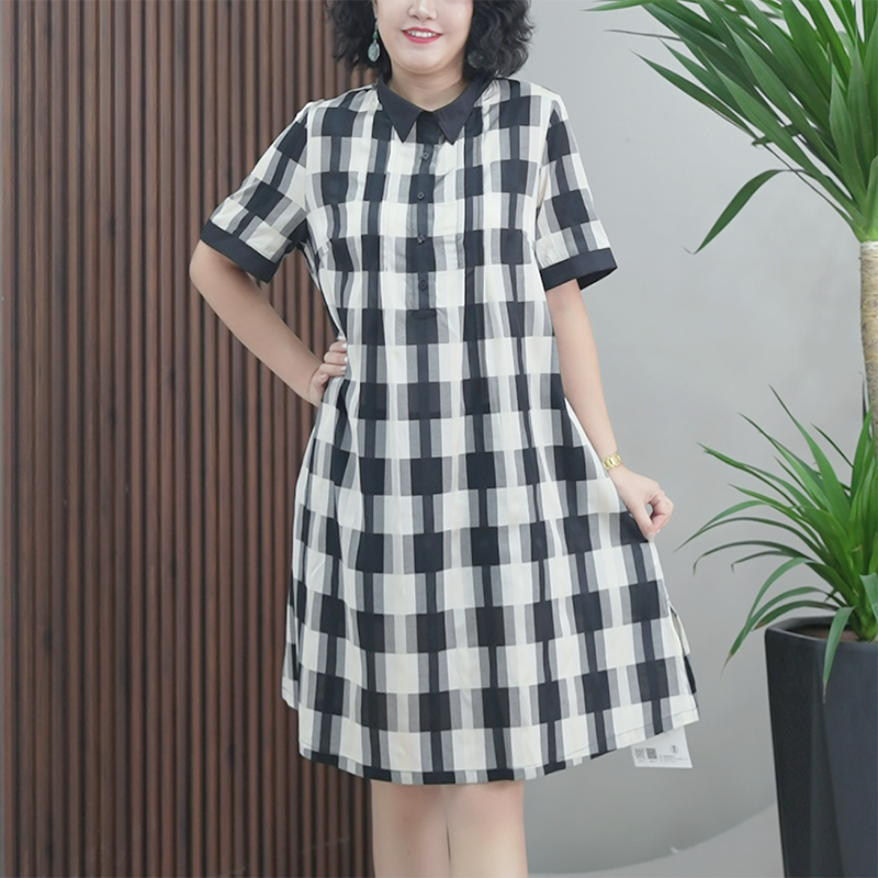 醋酸赛络纺短袖衬衫连衣裙猫耳领色织格子大码侧开叉夏季中长裙潮