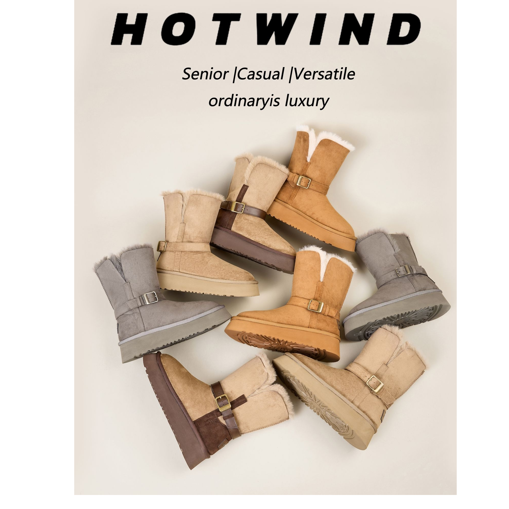 Hotwind/热风厚底舒适雪地靴女2025冬季新款加绒加厚短款耐磨棉靴