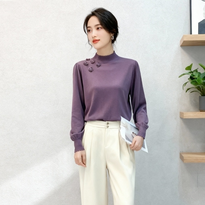 祥好服饰 时尚百搭精纺女中高领长袖毛织衫 3663