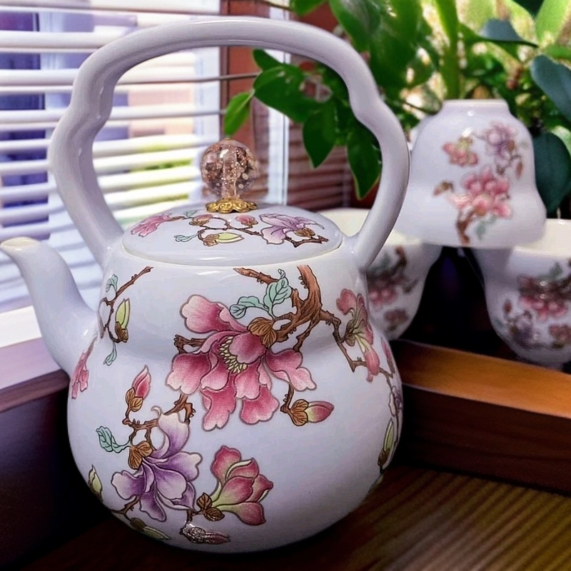 冰种玉瓷紫地玉兰提梁壶复古茶具一壶三杯