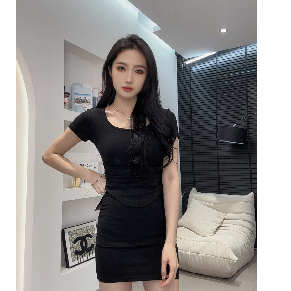 【UU推荐】新款简约基础女T恤纯色百搭修身显瘦褶皱设计上衣69135