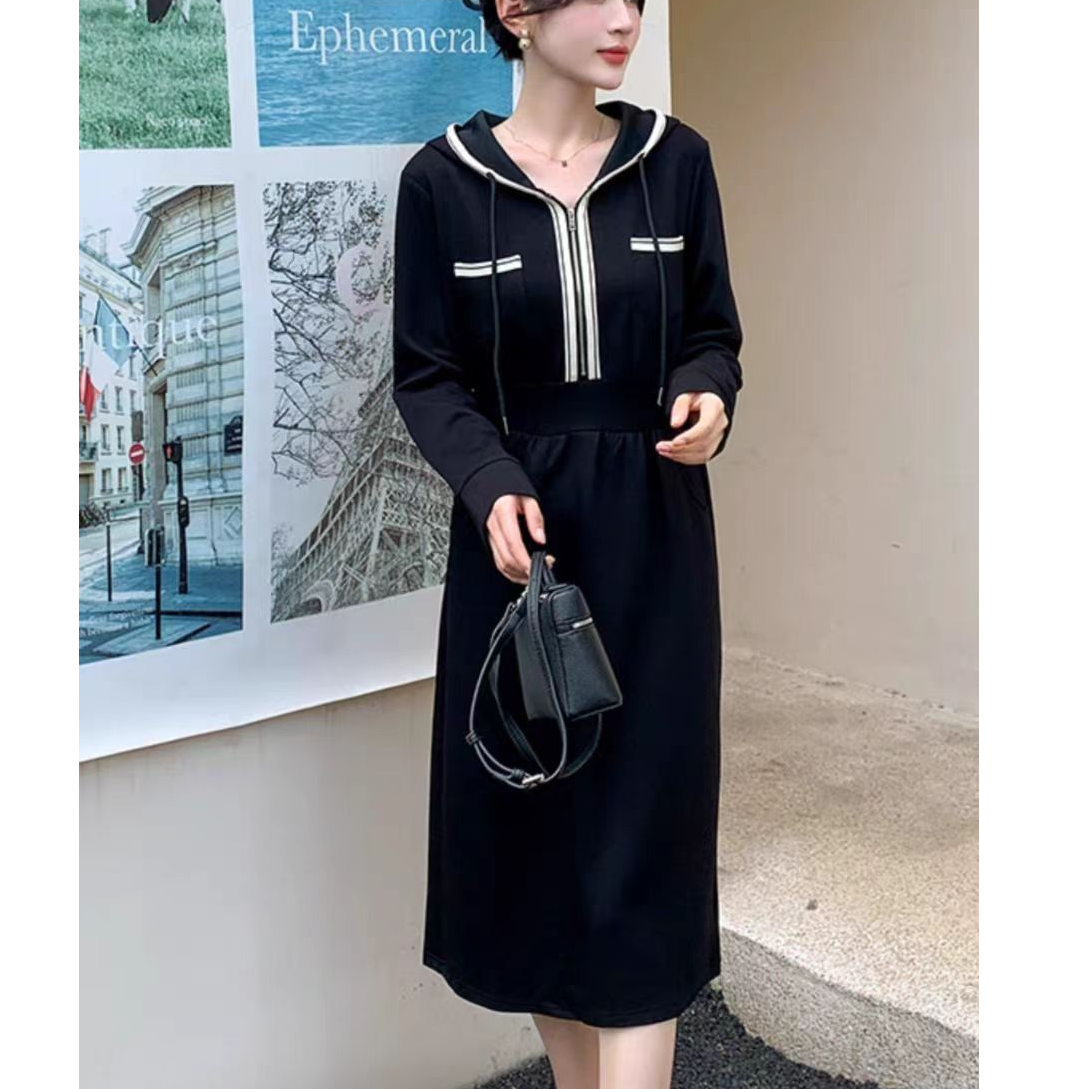 春装连帽半开领长袖卫衣过膝长款休闲收腰连衣裙