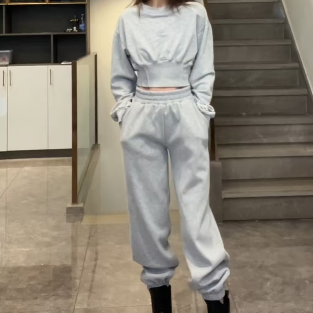 秋冬新款hes休闲运动套装灰色收腰