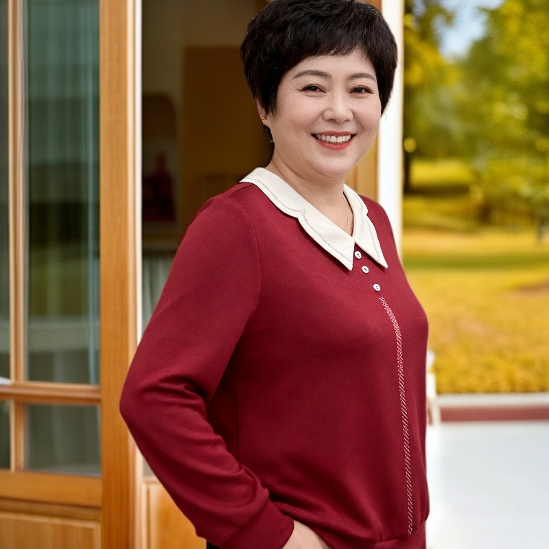 秋款妈妈装上衣红色面料天然棉亲肤柔软垂感中老年女装娃娃领