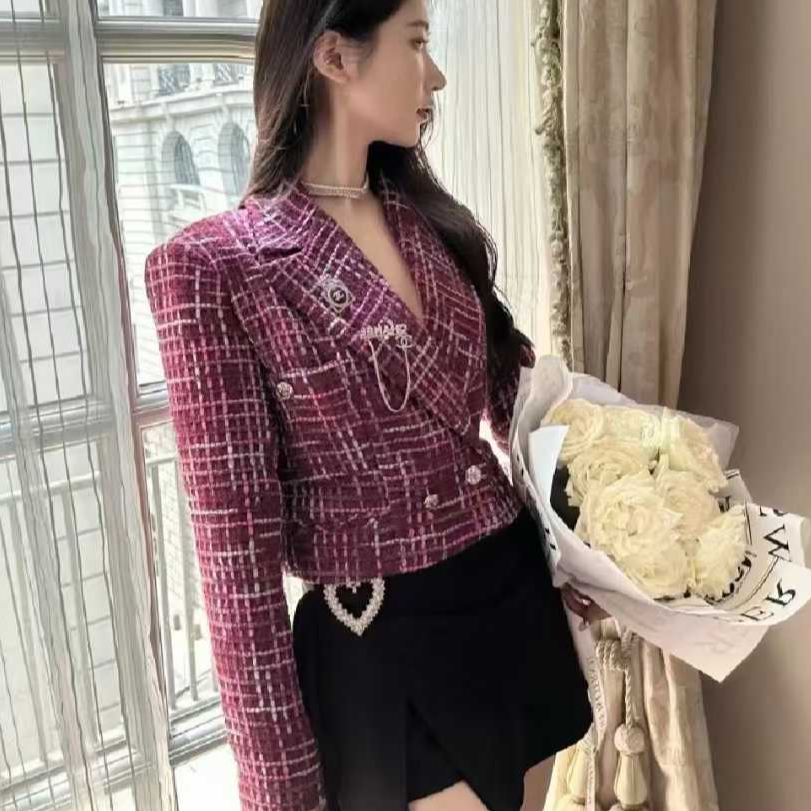 99新 Chanel/香奈儿 38码23S酒红色拼粉色编织翻领短款外套