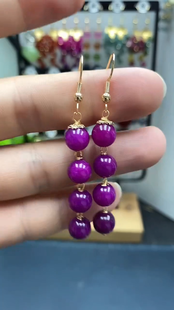 银S925镀金镶嵌苏纪石（舒俱来）耳坠尺寸8mm连珠