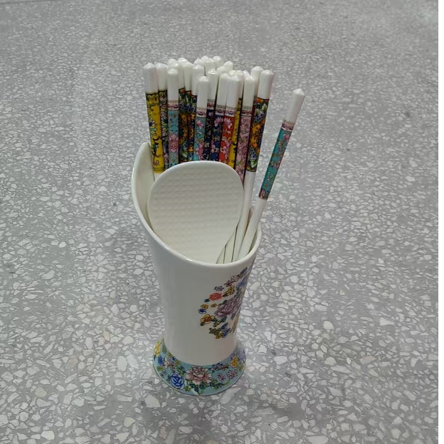 【张氏御瓷】WJ-湖蓝筷子筒+湖蓝饭勺+混色筷子10双