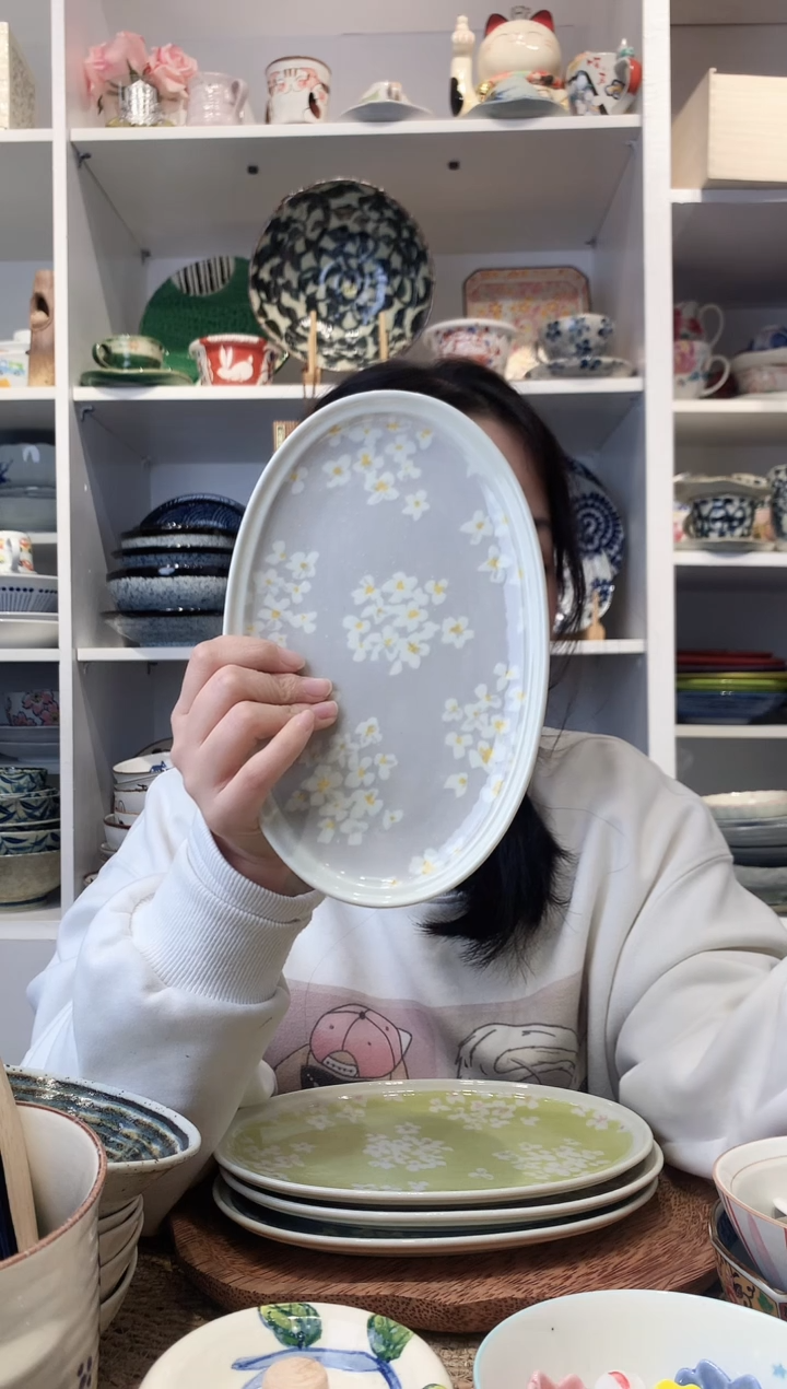 陶瓷美浓烧暖灰水仙椭圆盘22cm