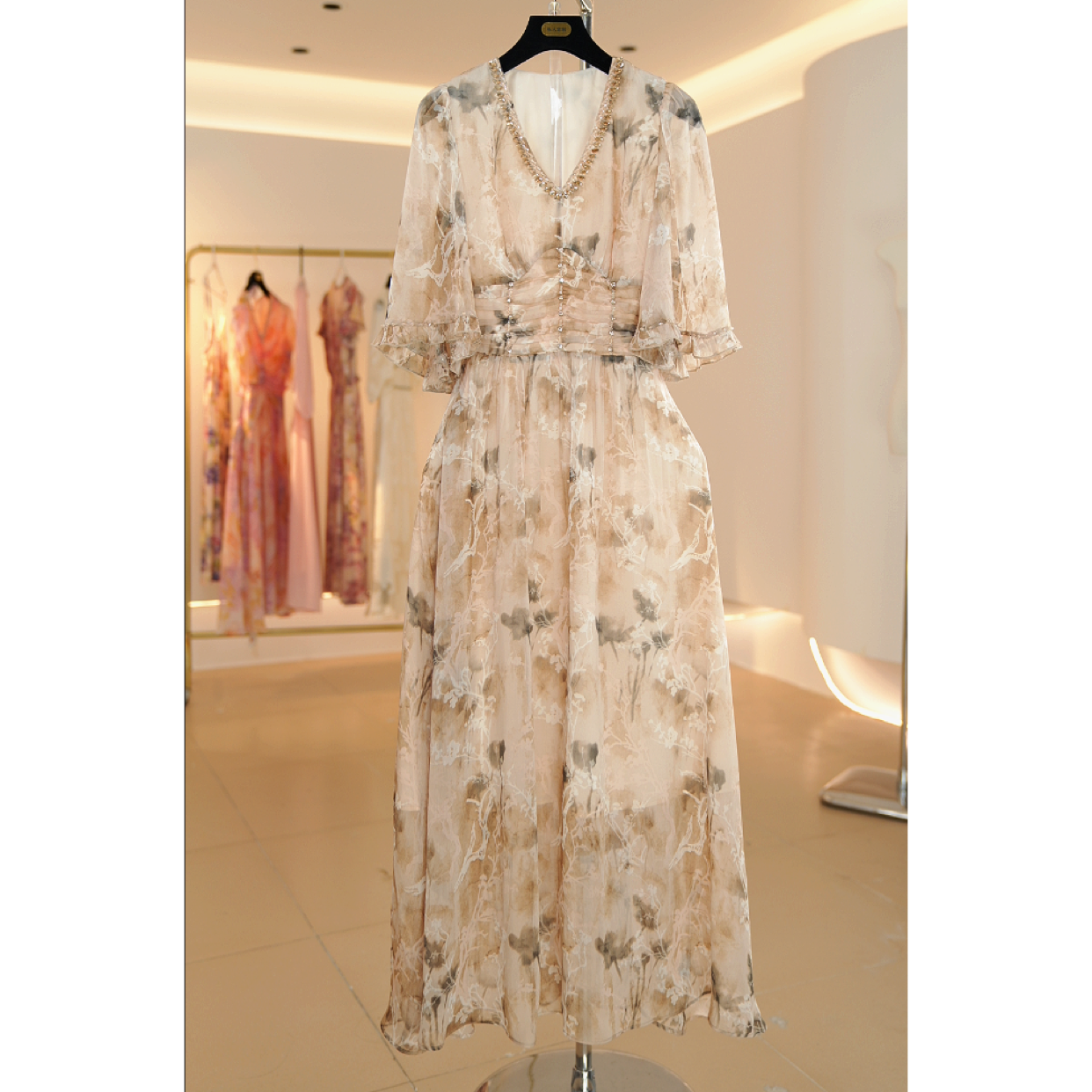 【敏姐专属】奶咖色袖子玫瑰夏季法式修身显瘦气质优雅连衣裙A030