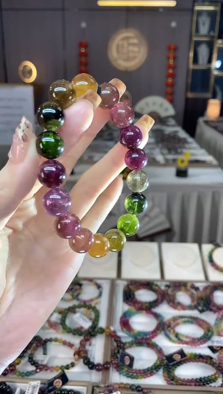 未镶嵌老矿碧玺色标彩虹单圈手串12mm+碧玺dan多样性发货一条