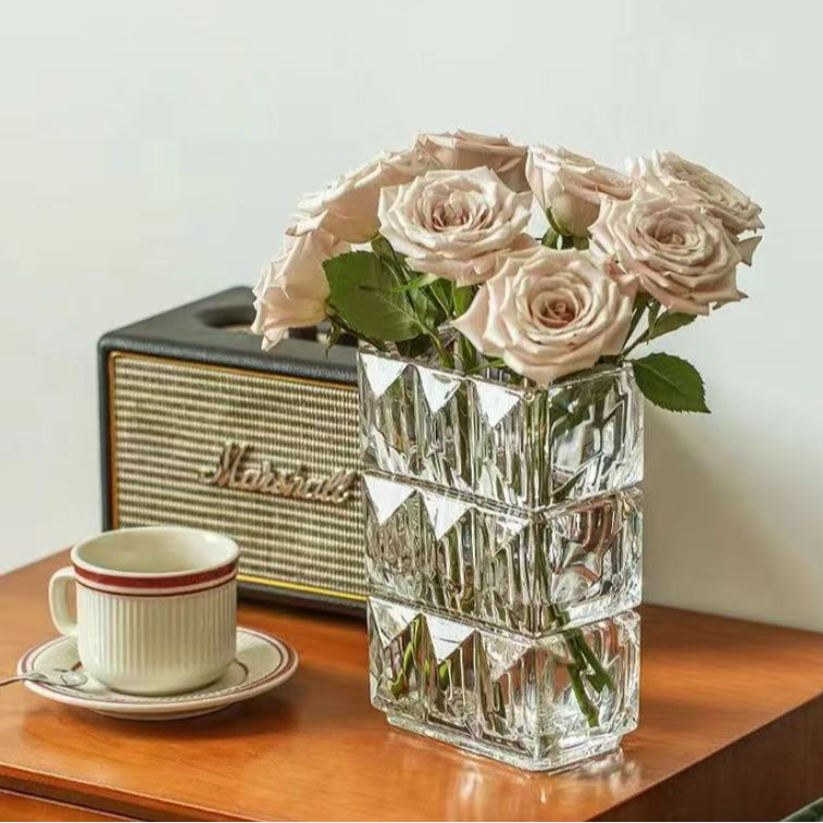 法式水晶玻璃花瓶卢索家居装饰品餐桌轻奢摆件璀璨方形简约插花器