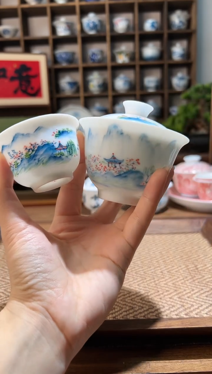 【闪购商品】五彩山水小盖碗+五彩山水杯   