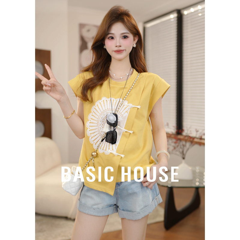Basic House/百家好夏装宽松休闲风上衣时尚刺绣t恤B1195B5X082