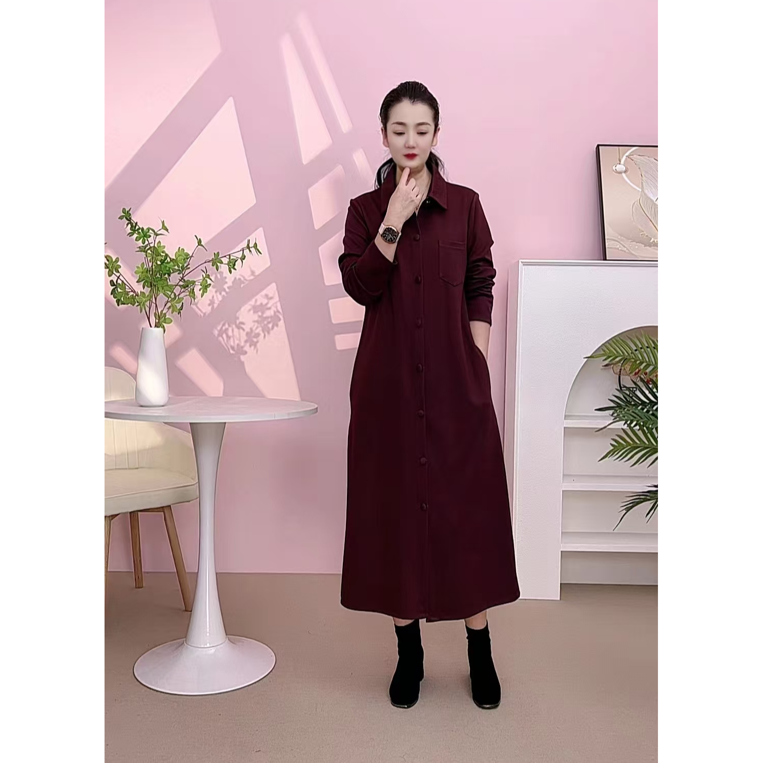830春秋新款时尚减龄遮肉显瘦翻领开衫连衣裙