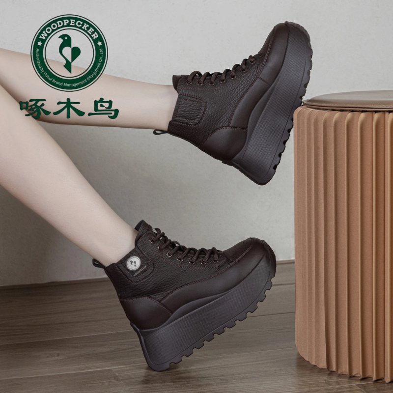 啄木鸟2025新款高帮棉鞋女冬季外穿加绒加厚厚底增高女士短筒棉靴