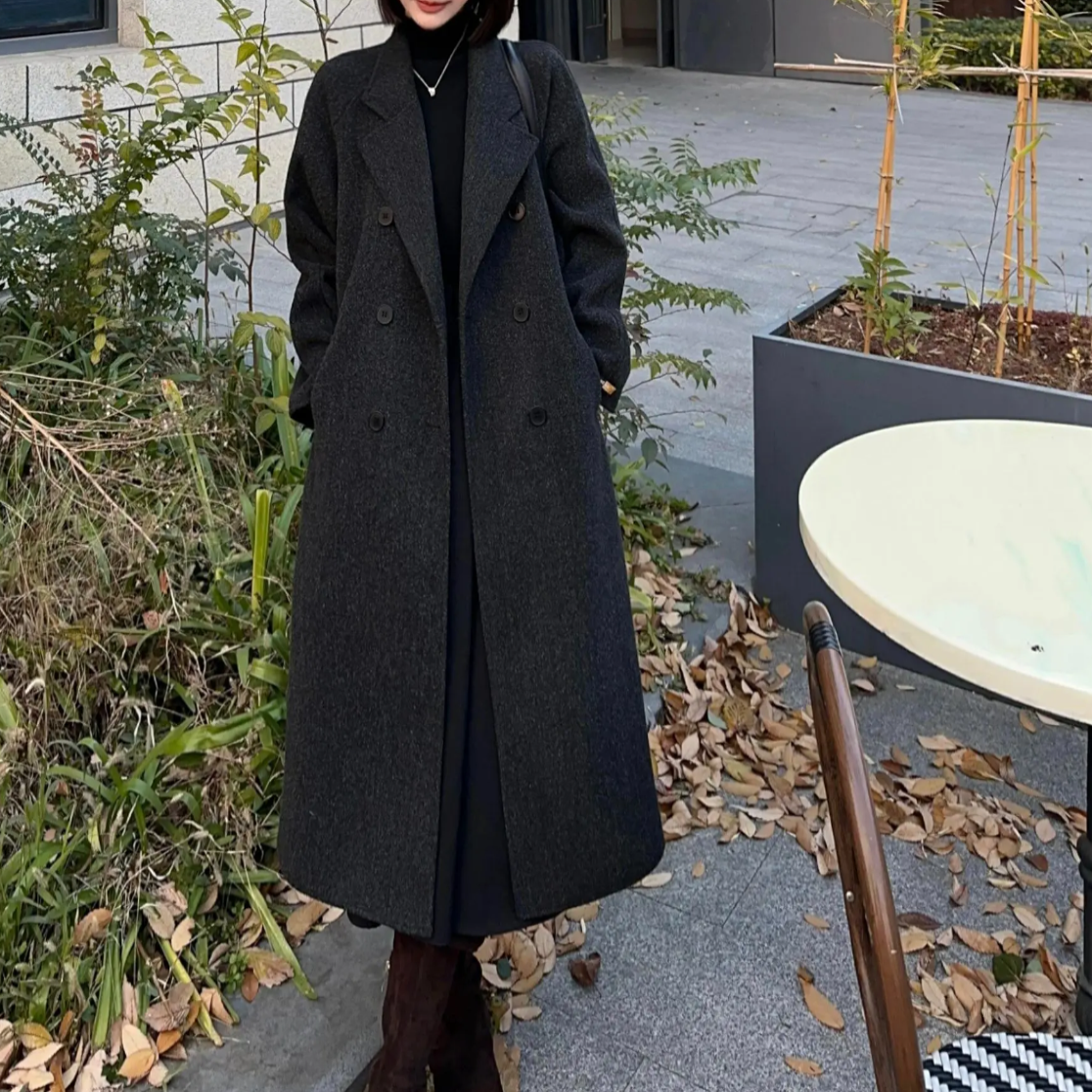 25年冬季爆款六粒扣气质毛呢韩版过膝长款加厚显瘦双面呢大衣