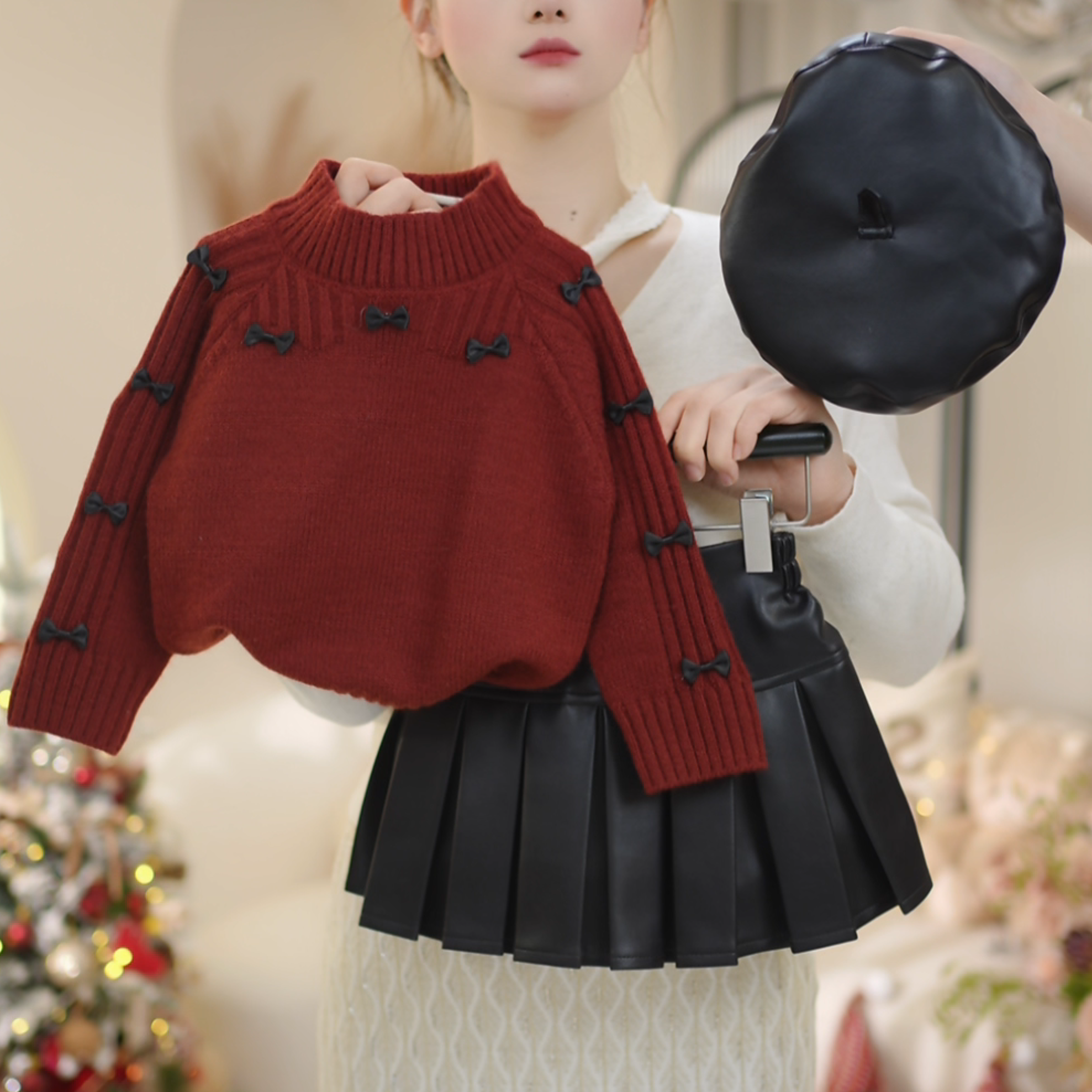 女童2026冬季新款洋气新年加厚毛衣+百褶皮裙套装C25178