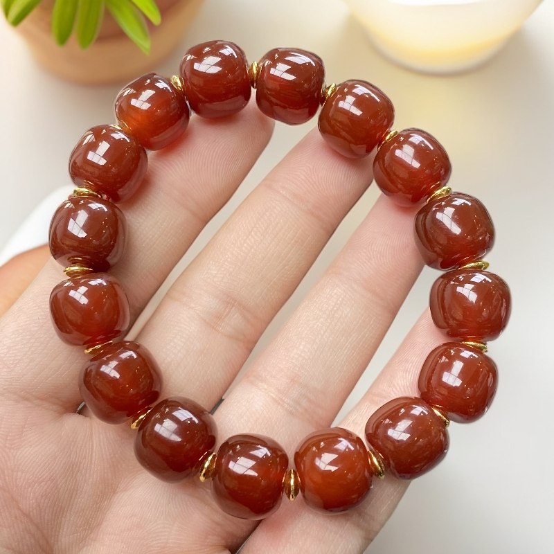 老甘南牛血红老型珠玛瑙玉石手串约11x12mm16颗