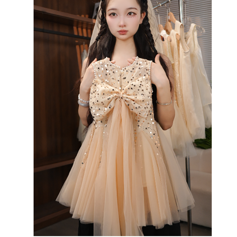 女童夏装连衣裙2025新款高定礼服群宴会礼服群儿童亮片公主裙