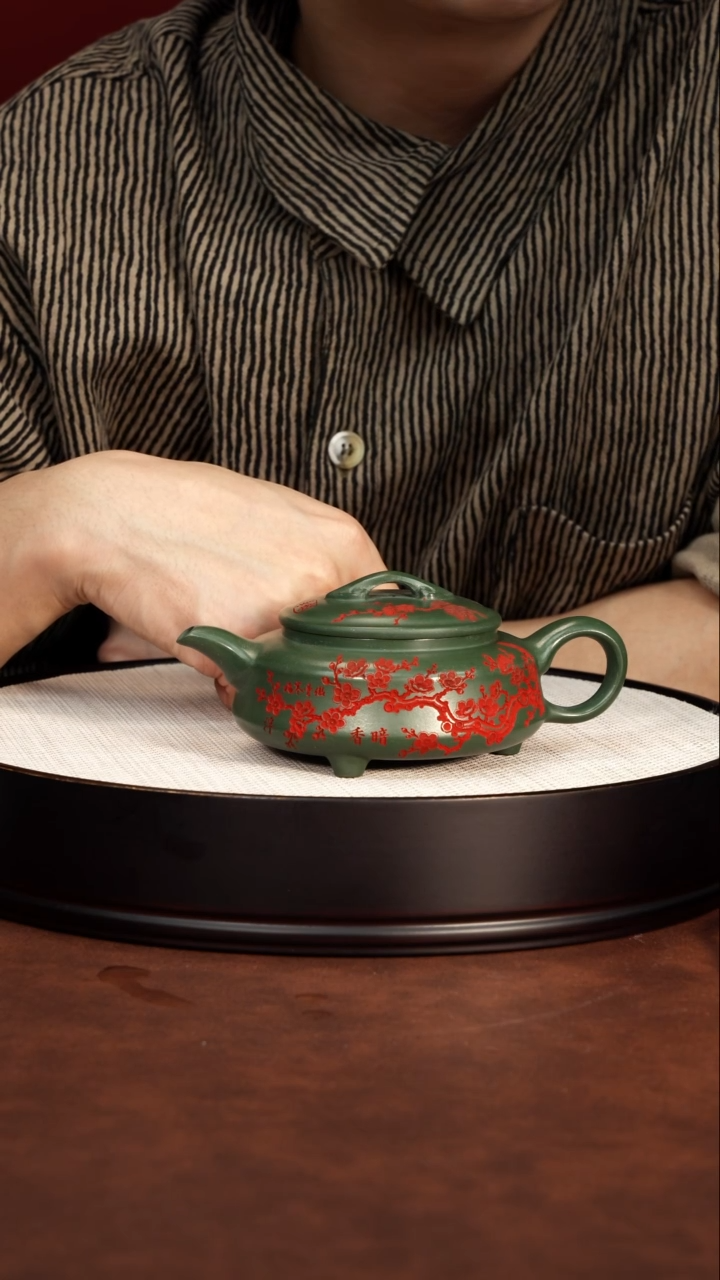 紫砂壶宜兴紫砂 双线竹鼓 民国绿泥 梅付春 692