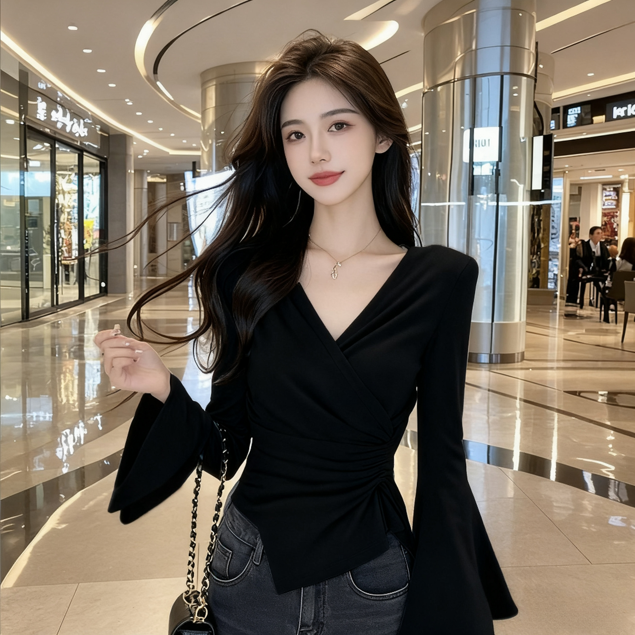 2025秋季新款V交叉上衣喇叭袖不规则设计T恤纯欲风辣妹黑色打底衫