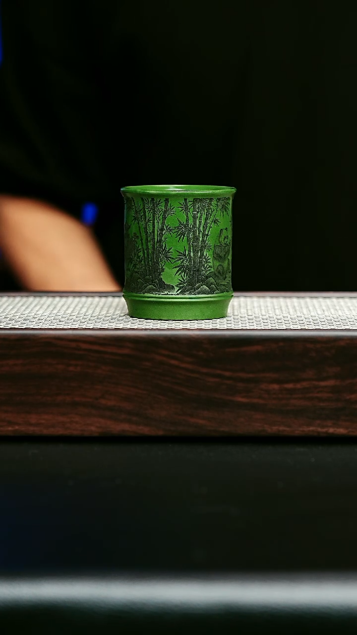 茶杯紫砂宜兴紫砂 主人杯 熊猫竹节 绿泥 任家娟 h214