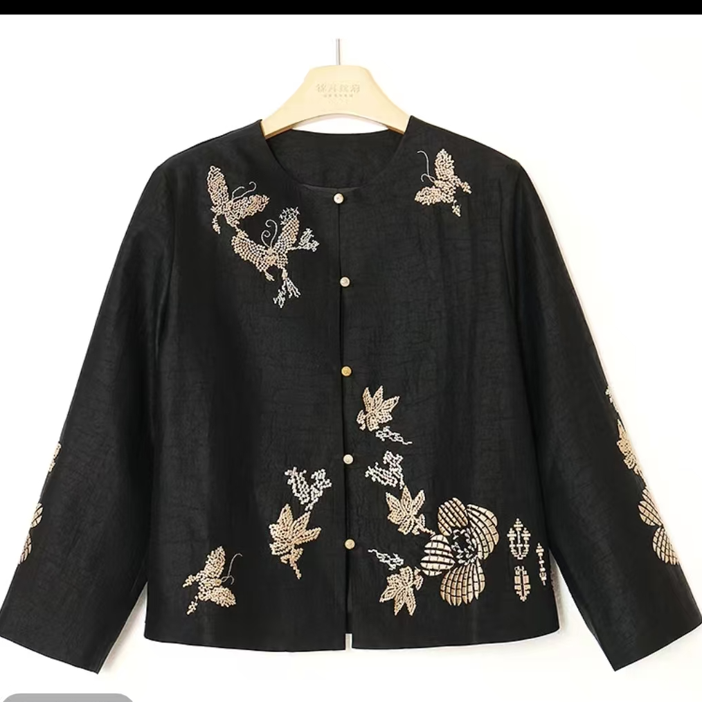 【花蝶】新中式老料阔太太小众设计款女士春秋圆领洋气减龄外套上衣