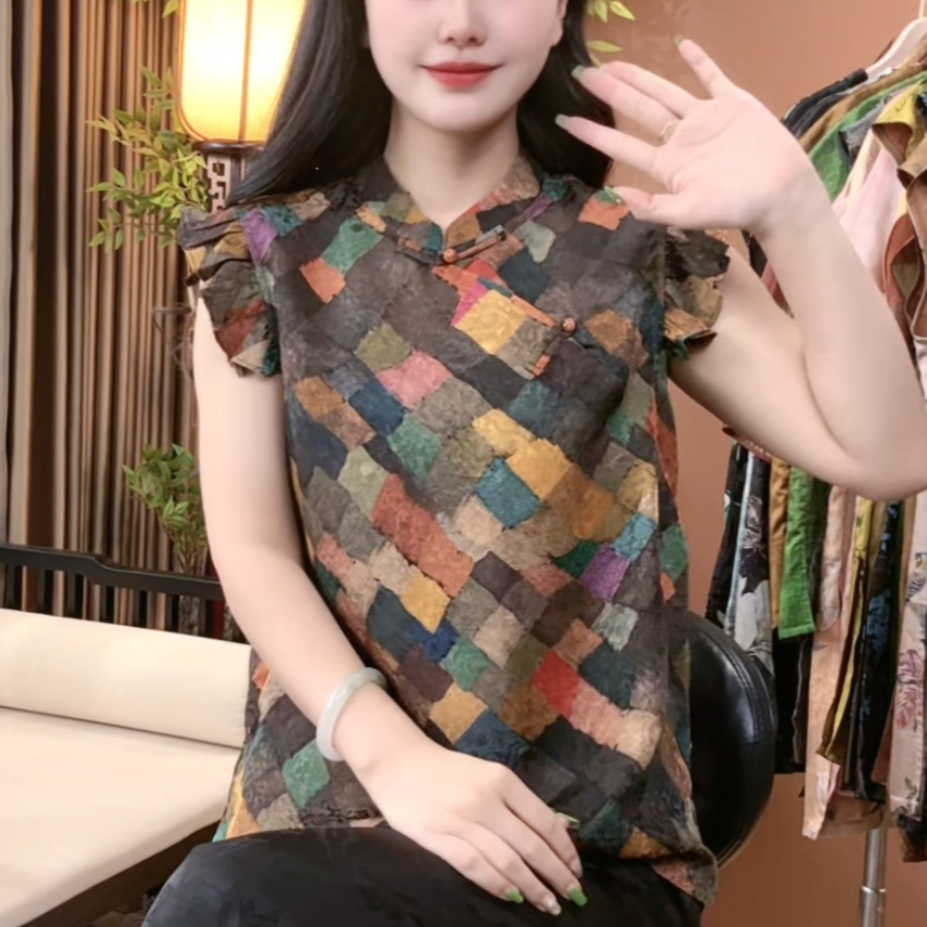 2025新中式夏季桑蚕丝旗袍短袖时尚修身百搭中国风上衣女S048