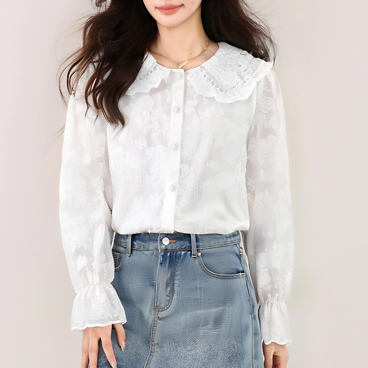 2025秋季女装白色娃娃领衬衫法式职业通勤衬衣新款喇叭袖上衣
