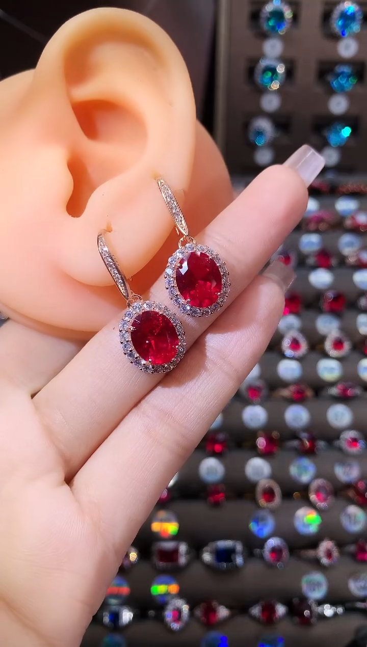 银S925镶嵌耳饰红宝石810玫瑰金