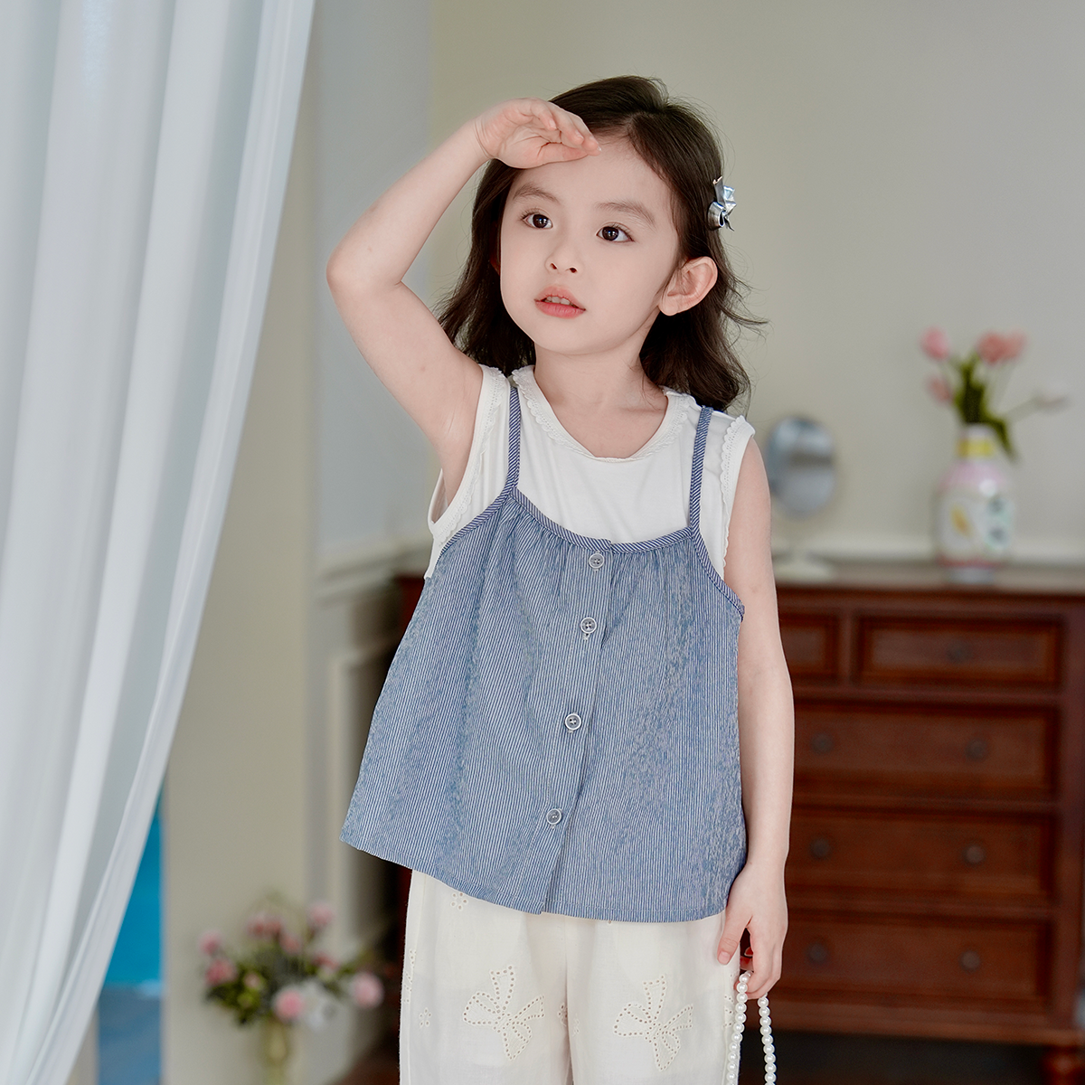 现货【夏逅】夏装5511女童女宝短袖条纹吊带假两件套软糯透气套装