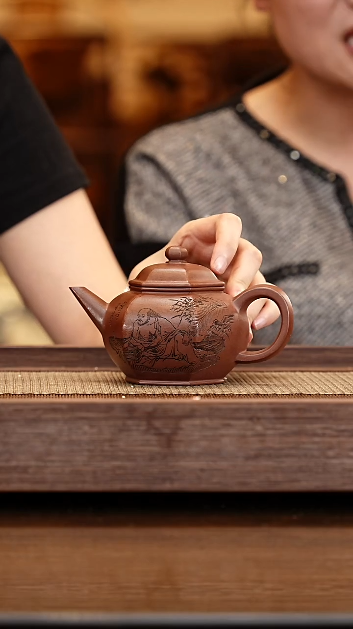 茶壶紫砂【李昌鸿】六方水平200cc+竹画+竹杯