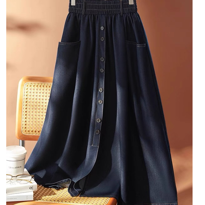 夏季新款高腰显瘦深蓝色牛仔中长款单排扣A字半身裙