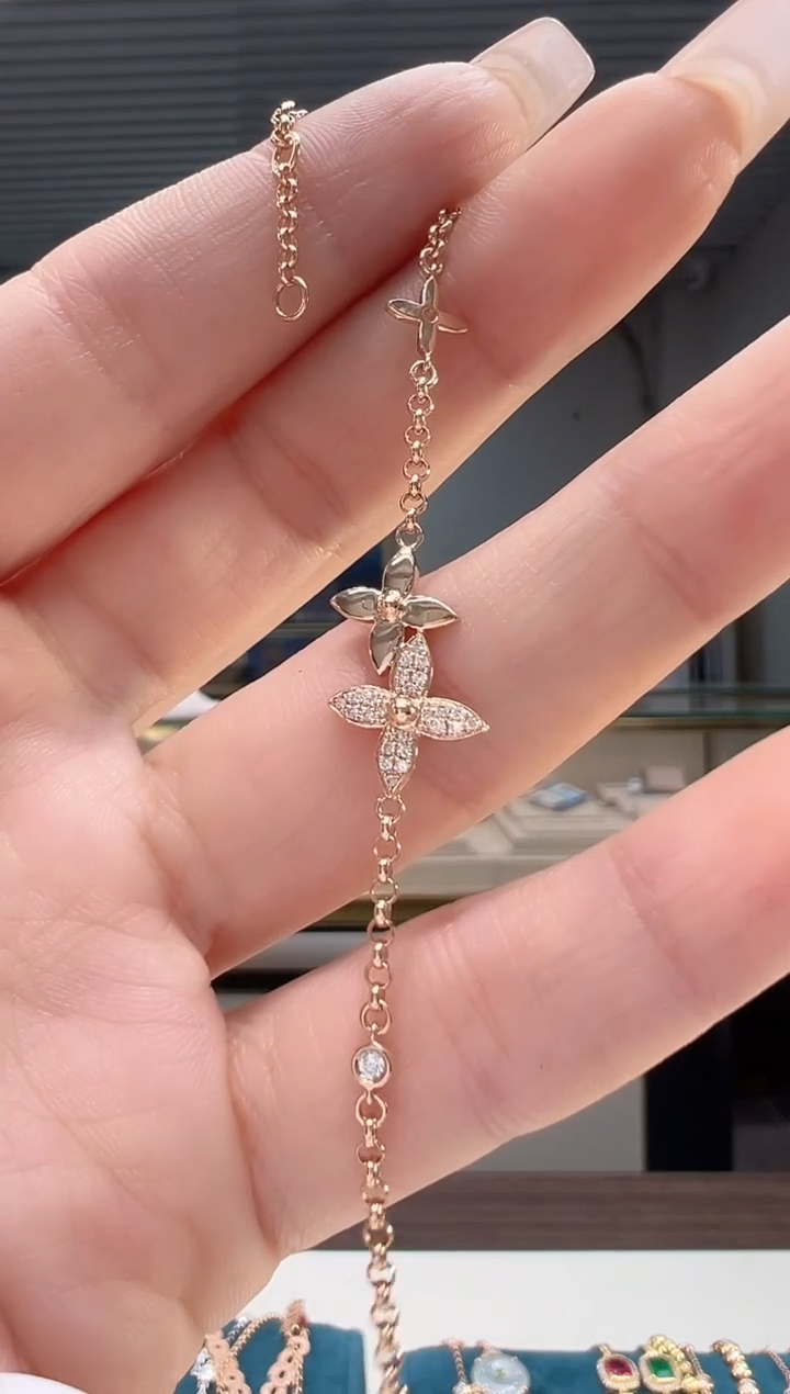 【闪购商品】钻石手链18K金镶嵌满钻老花手链K红