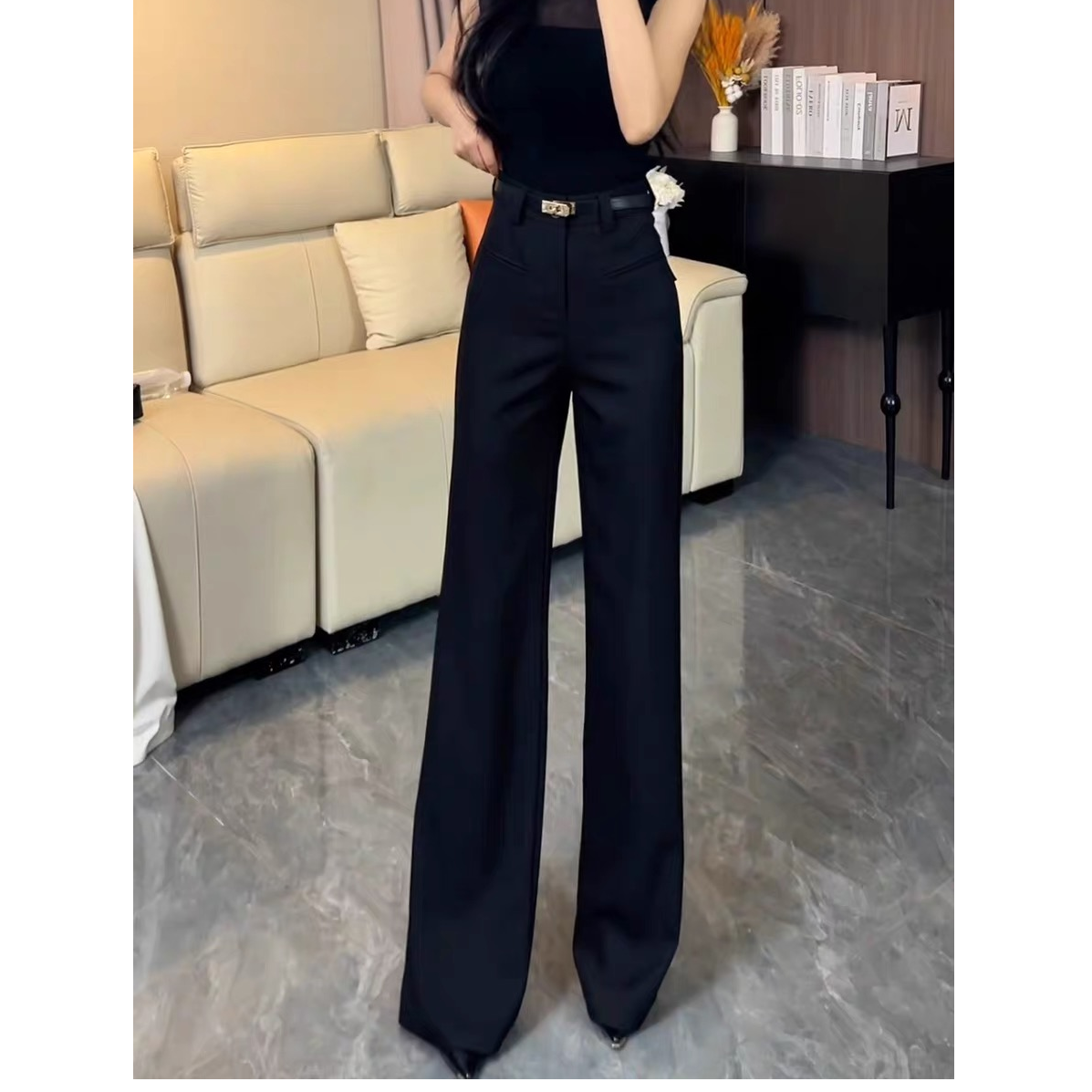 黑色休闲微喇叭西装裤女2025 秋装新款高腰不贴腿显瘦垂感拖地裤