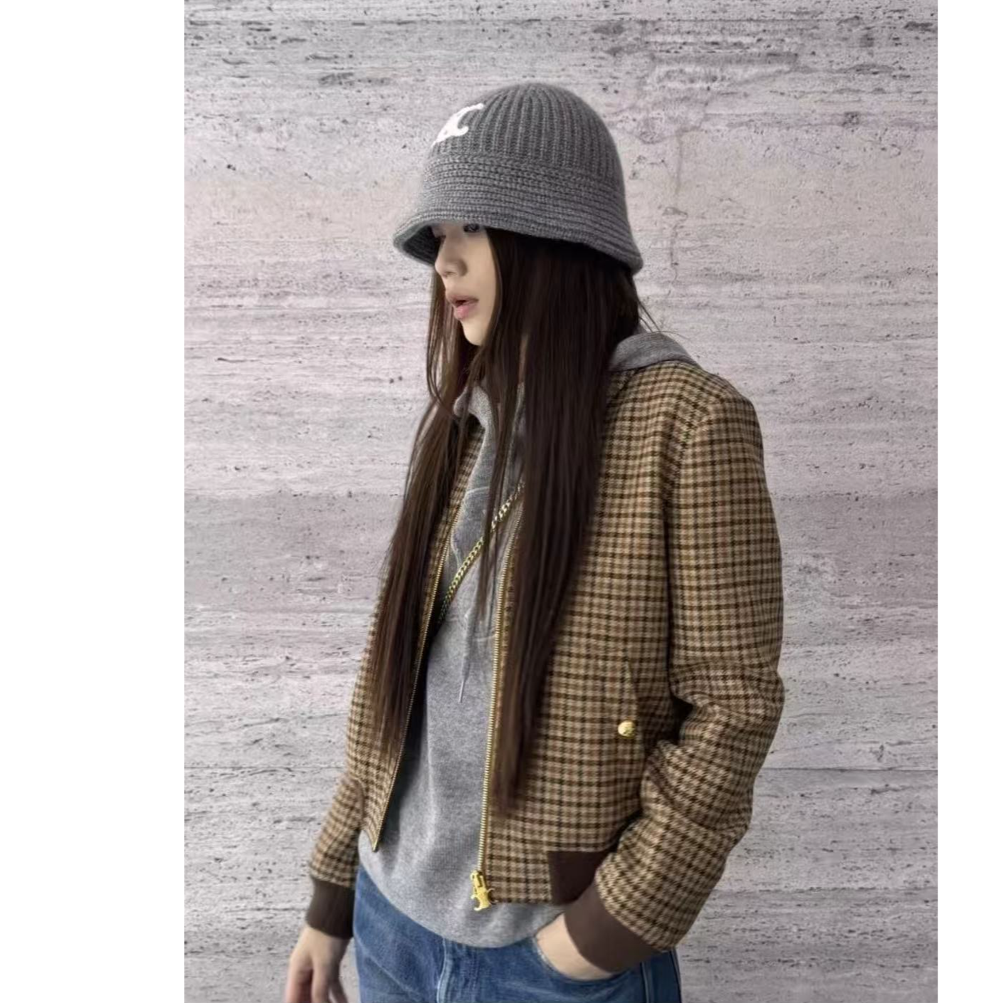 未使用 Celine/思琳 25新款 凯旋门拉链格纹外套 卡其色/38