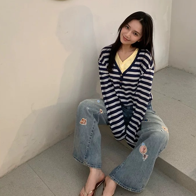河岸家设计师AlexiaSandra简约条纹V领假两件长袖T恤上衣女25秋