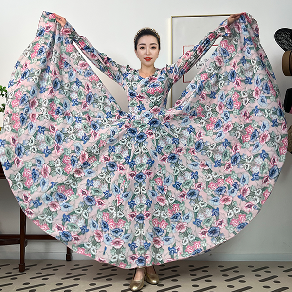 兰粉花语-人丝混纺轻奢印花法式收腰连衣裙/大摆带内衬