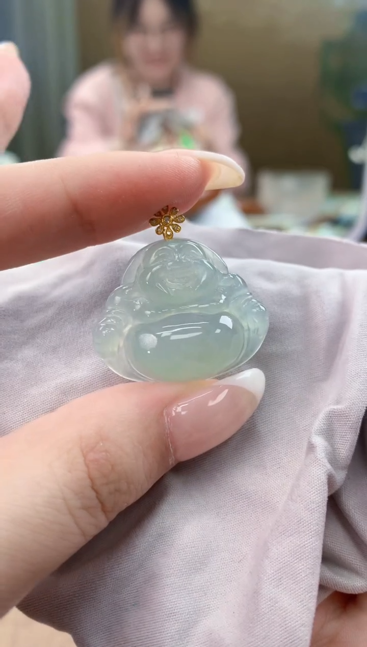 翡翠18K金镶嵌颈饰天然A货翡翠挂件