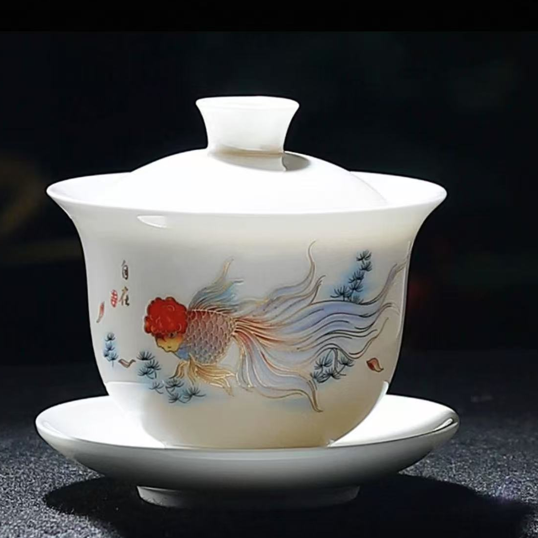 YS396-金鱼旅行茶具手工高档陶瓷中式大号手绘白瓷瓷盖碗